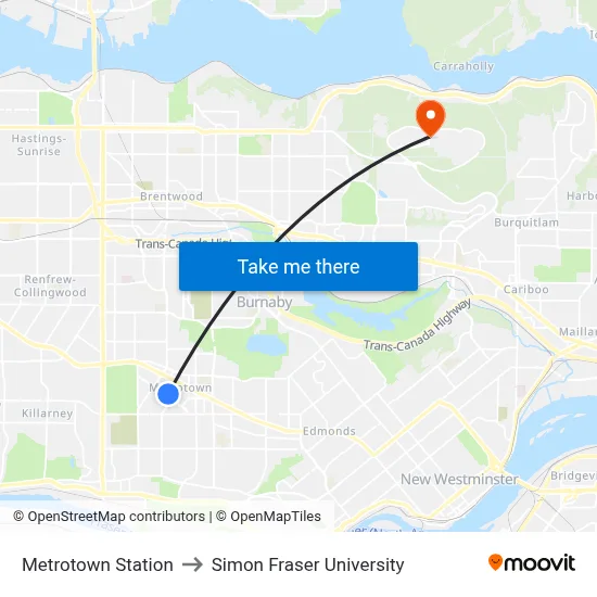 Metrotown Station to Simon Fraser University map