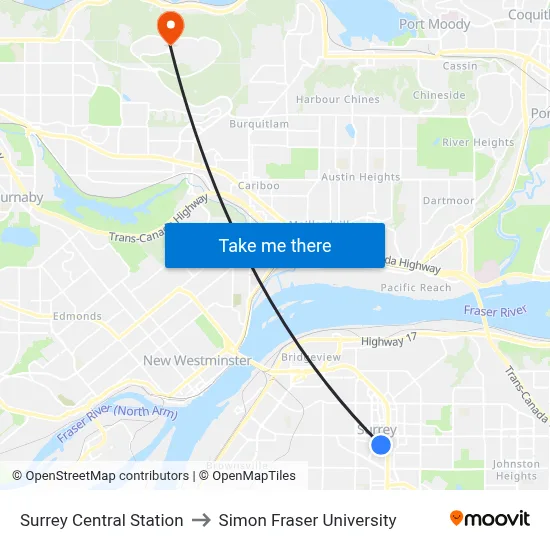 Surrey Central Station to Simon Fraser University map