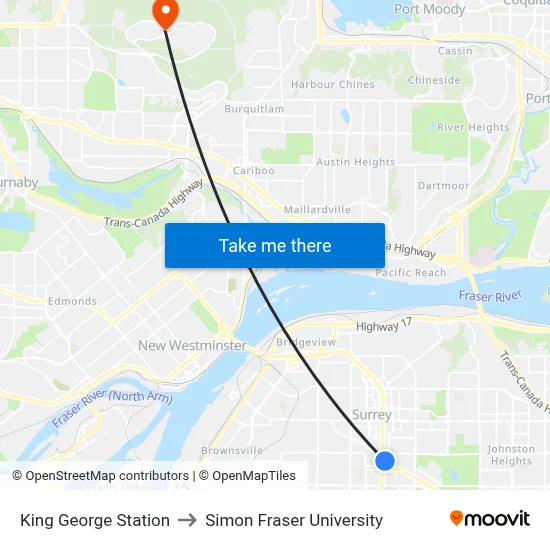 King George Station to Simon Fraser University map