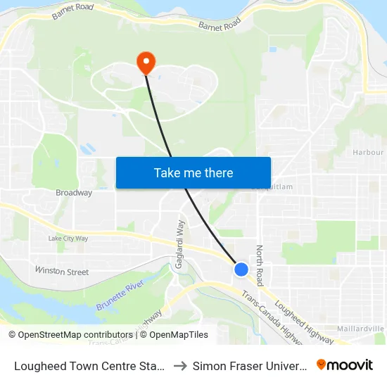 Lougheed Town Centre Station to Simon Fraser University map