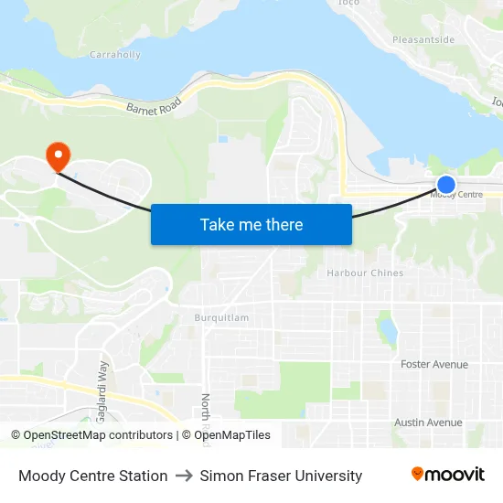 Moody Centre Station to Simon Fraser University map