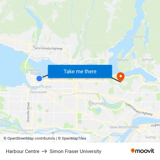 Harbour Centre to Simon Fraser University map