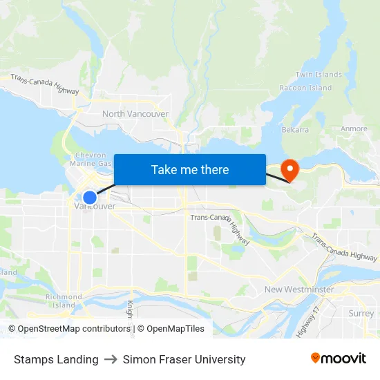 Stamps Landing to Simon Fraser University map