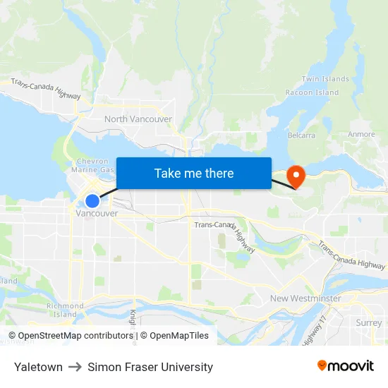 Yaletown to Simon Fraser University map