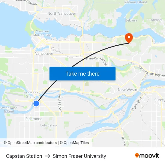 Capstan Station to Simon Fraser University map