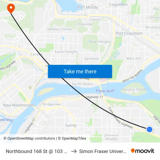 Northbound 168 St @ 103 Ave to Simon Fraser University map