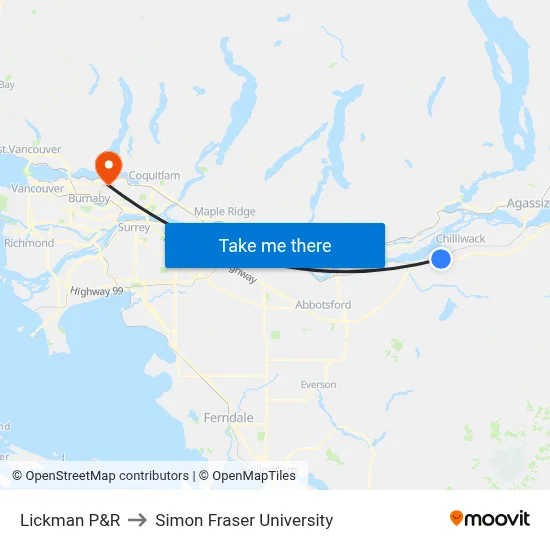 Lickman P&R to Simon Fraser University map