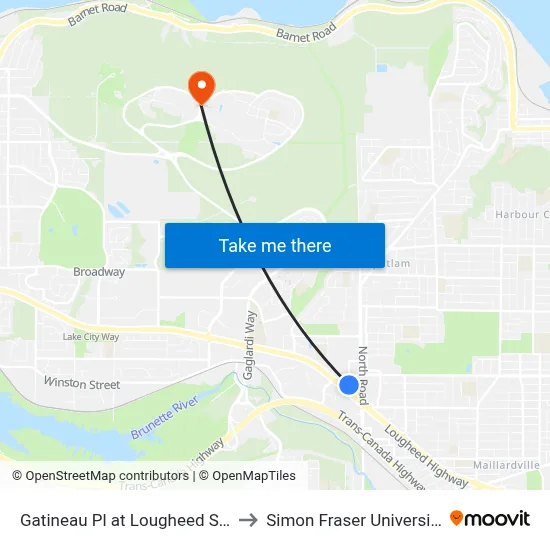 Gatineau Pl at Lougheed Stn to Simon Fraser University map