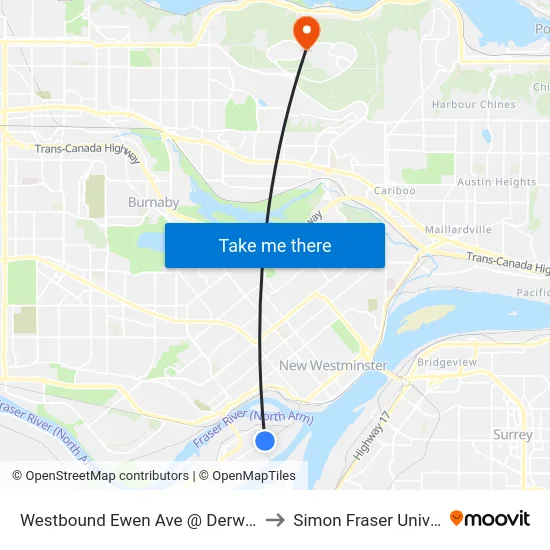 Westbound Ewen Ave @ Derwent Way to Simon Fraser University map