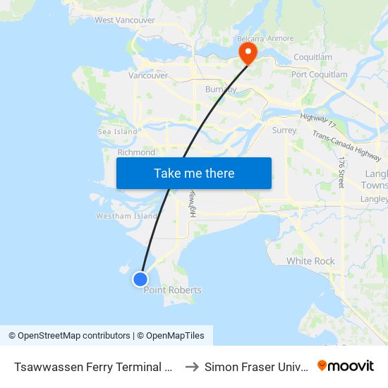 Tsawwassen Ferry Terminal @ Bay 2 to Simon Fraser University map
