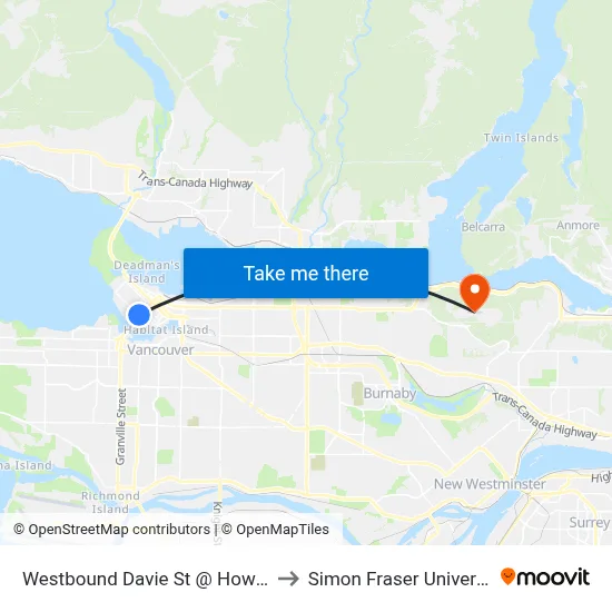 Westbound Davie St @ Howe St to Simon Fraser University map