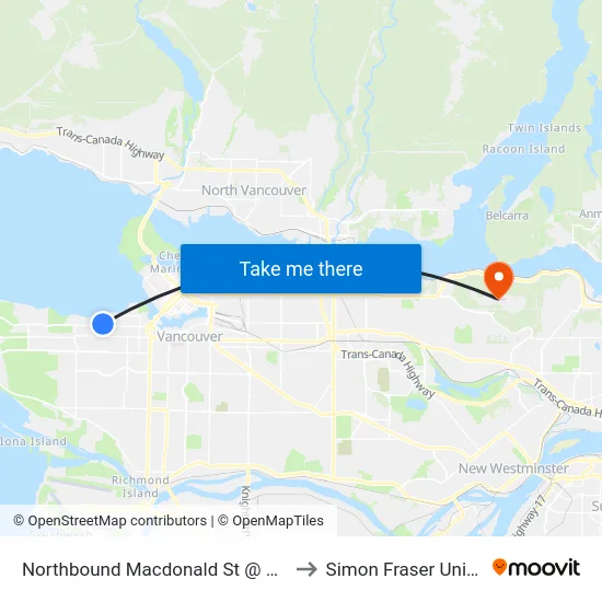Northbound Macdonald St @ W 4th Ave to Simon Fraser University map