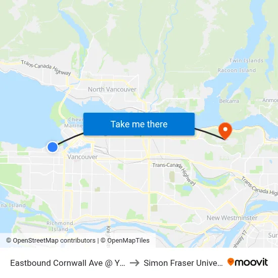 Eastbound Cornwall Ave @ Yew St to Simon Fraser University map