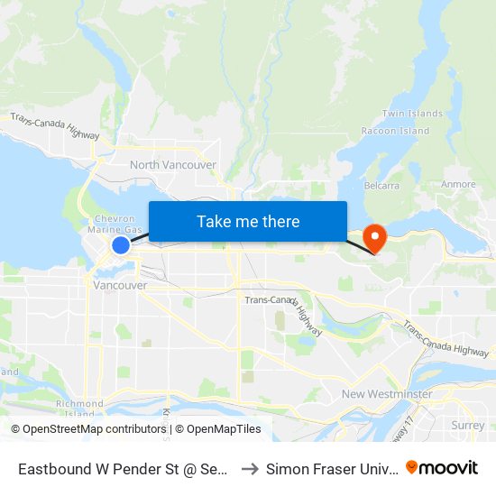 Eastbound W Pender St @ Seymour St to Simon Fraser University map