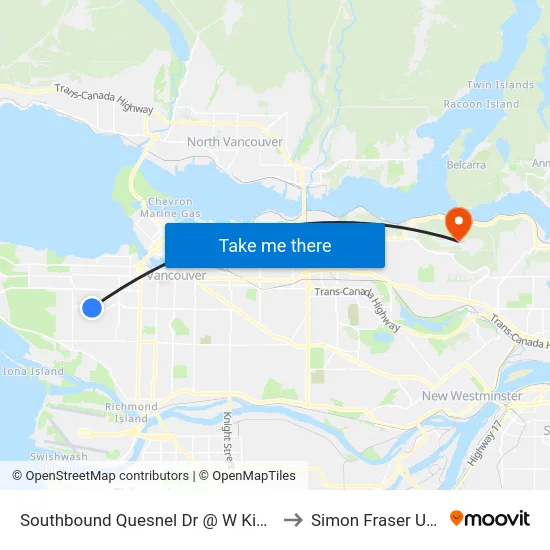 Southbound Quesnel Dr @ W King Edward Ave to Simon Fraser University map