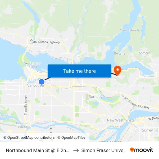 Northbound Main St @ E 2nd Ave to Simon Fraser University map
