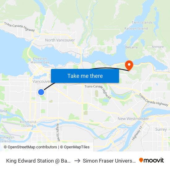 King Edward Station @ Bay 4 to Simon Fraser University map