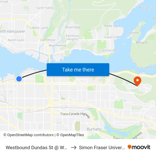 Westbound Dundas St @ Wall St to Simon Fraser University map