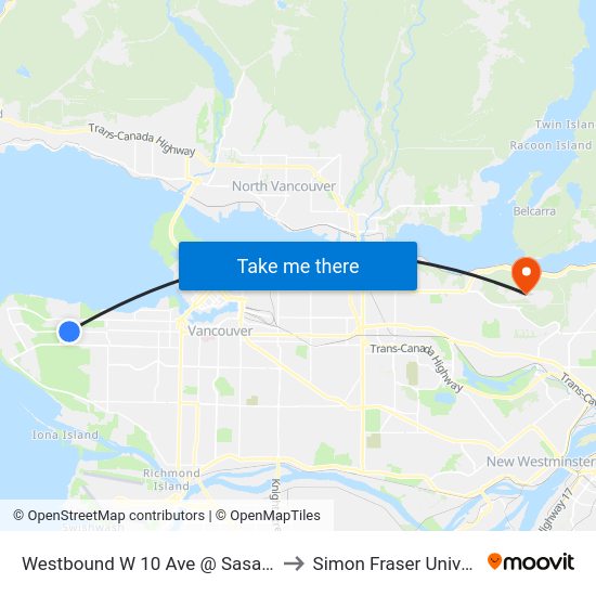 Westbound W 10 Ave @ Sasamat St to Simon Fraser University map