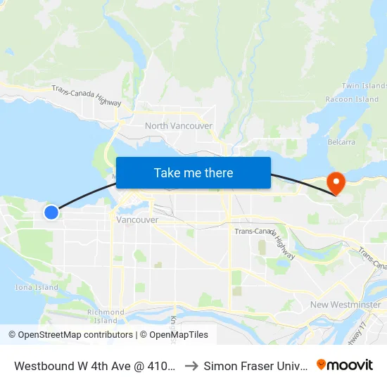 Westbound W 4th Ave @ 4100 Block to Simon Fraser University map
