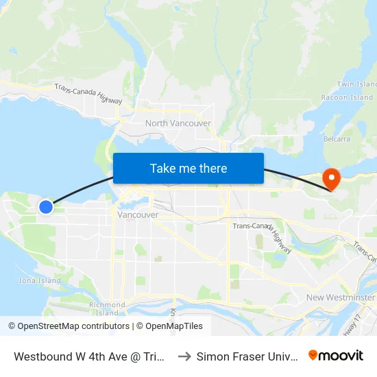 Westbound W 4th Ave @ Trimble St to Simon Fraser University map