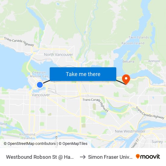 Westbound Robson St @ Hamilton St to Simon Fraser University map