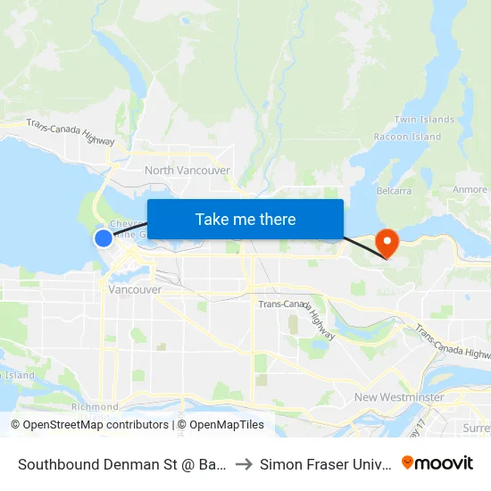 Southbound Denman St @ Barclay St to Simon Fraser University map