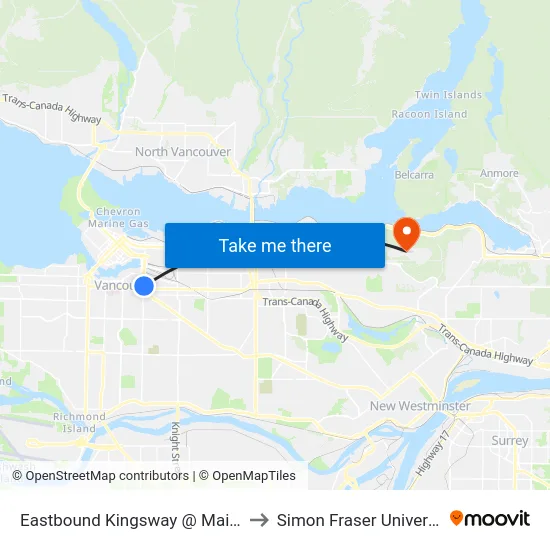 Eastbound Kingsway @ Main St to Simon Fraser University map