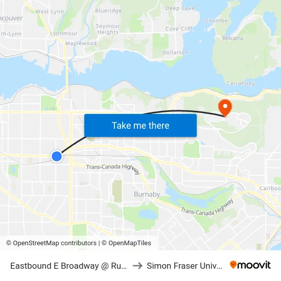 Eastbound E Broadway @ Rupert St to Simon Fraser University map