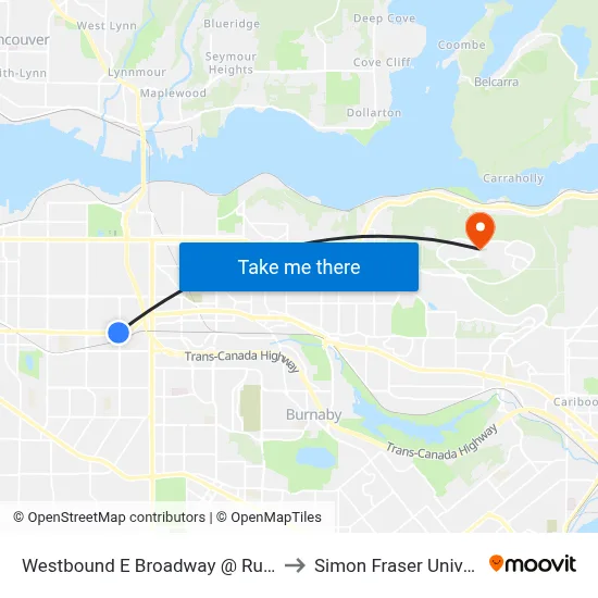 Westbound E Broadway @ Rupert St to Simon Fraser University map