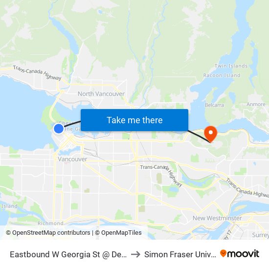 Eastbound W Georgia St @ Denman St to Simon Fraser University map