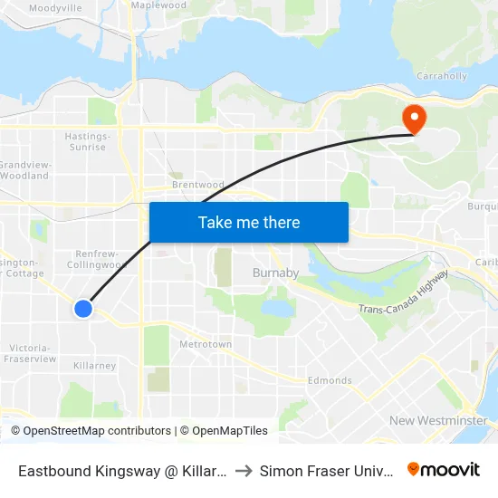 Eastbound Kingsway @ Killarney St to Simon Fraser University map