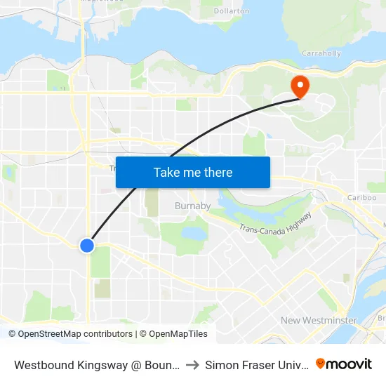 Westbound Kingsway @ Boundary Rd to Simon Fraser University map
