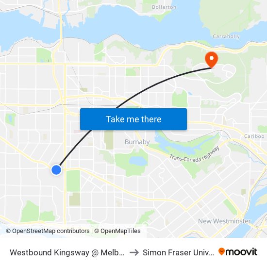 Westbound Kingsway @ Melbourne St to Simon Fraser University map