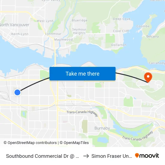 Southbound Commercial Dr @ Kitchener St to Simon Fraser University map