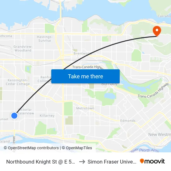 Northbound Knight St @ E 53 Ave to Simon Fraser University map
