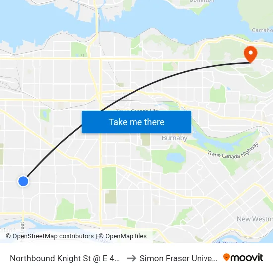 Northbound Knight St @ E 49 Ave to Simon Fraser University map