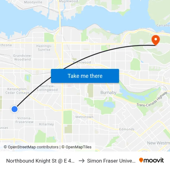 Northbound Knight St @ E 41 Ave to Simon Fraser University map