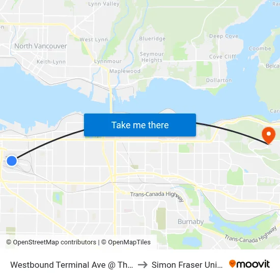 Westbound Terminal Ave @ Thornton St to Simon Fraser University map