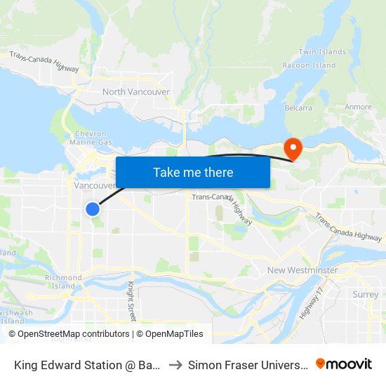 King Edward Station @ Bay 1 to Simon Fraser University map