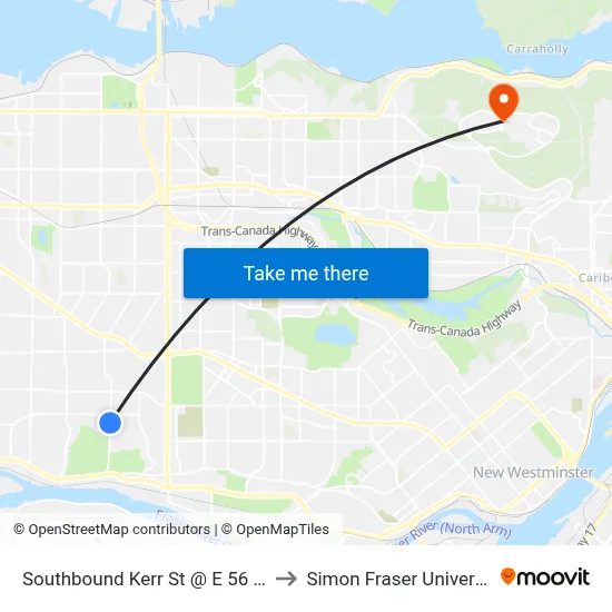 Southbound Kerr St @ E 56 Ave to Simon Fraser University map