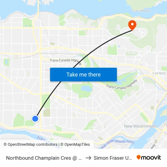 Northbound Champlain Cres @ Langford Ave to Simon Fraser University map