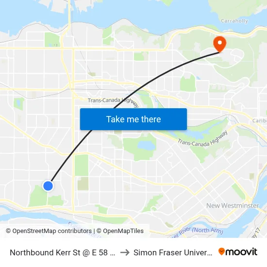Northbound Kerr St @ E 58 Ave to Simon Fraser University map