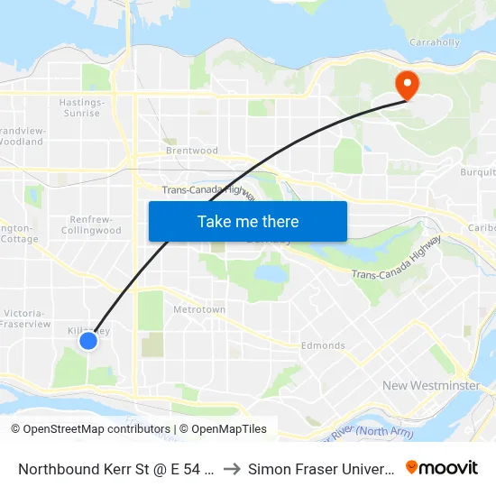 Northbound Kerr St @ E 54 Ave to Simon Fraser University map