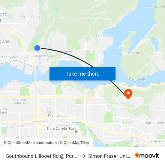 Southbound Lillooet Rd @ Purcell Way to Simon Fraser University map