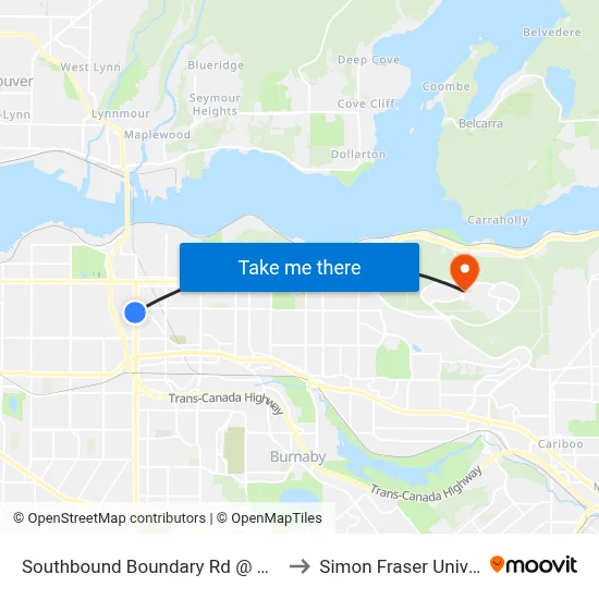Southbound Boundary Rd @ Napier St to Simon Fraser University map