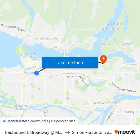 Eastbound E Broadway @ Main St to Simon Fraser University map