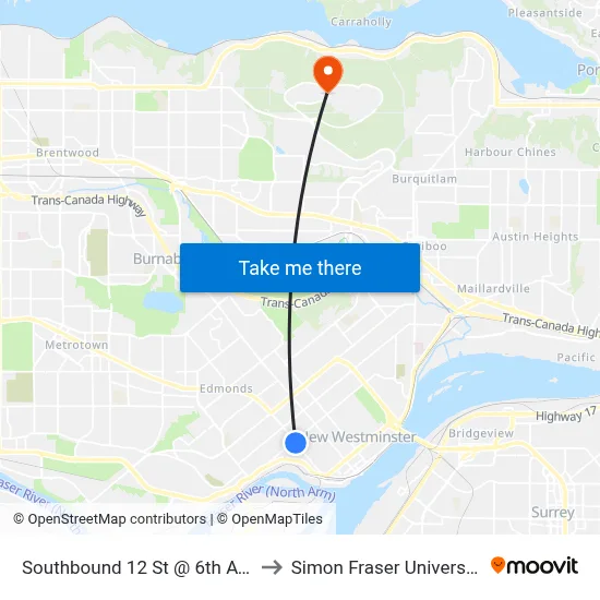 Southbound 12 St @ 6th Ave to Simon Fraser University map