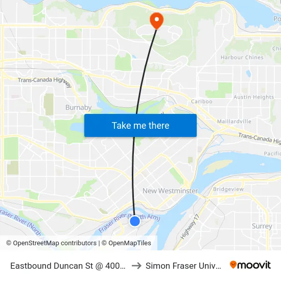 Eastbound Duncan St @ 400 Block to Simon Fraser University map