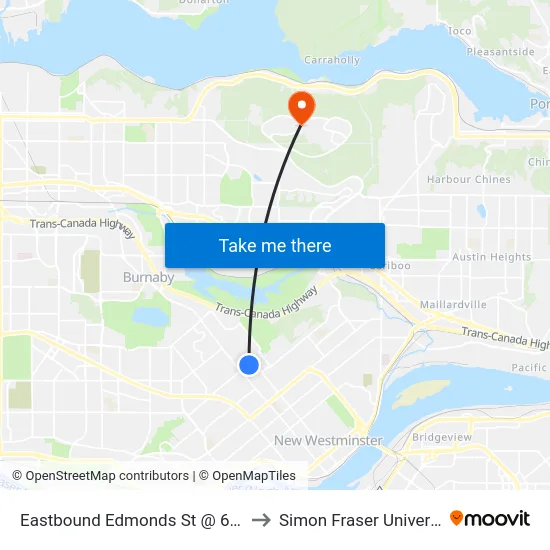 Eastbound Edmonds St @ 6th St to Simon Fraser University map